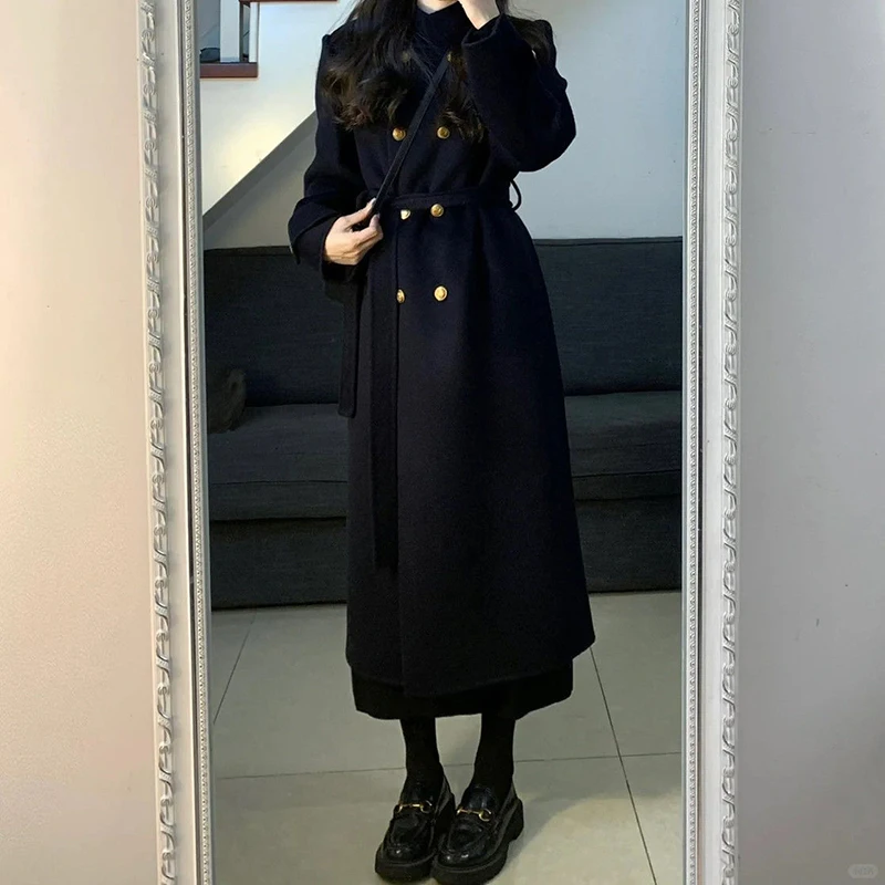 Осенне-зимнее твидовое пальто женское двубортное модное элегантное тонкое с