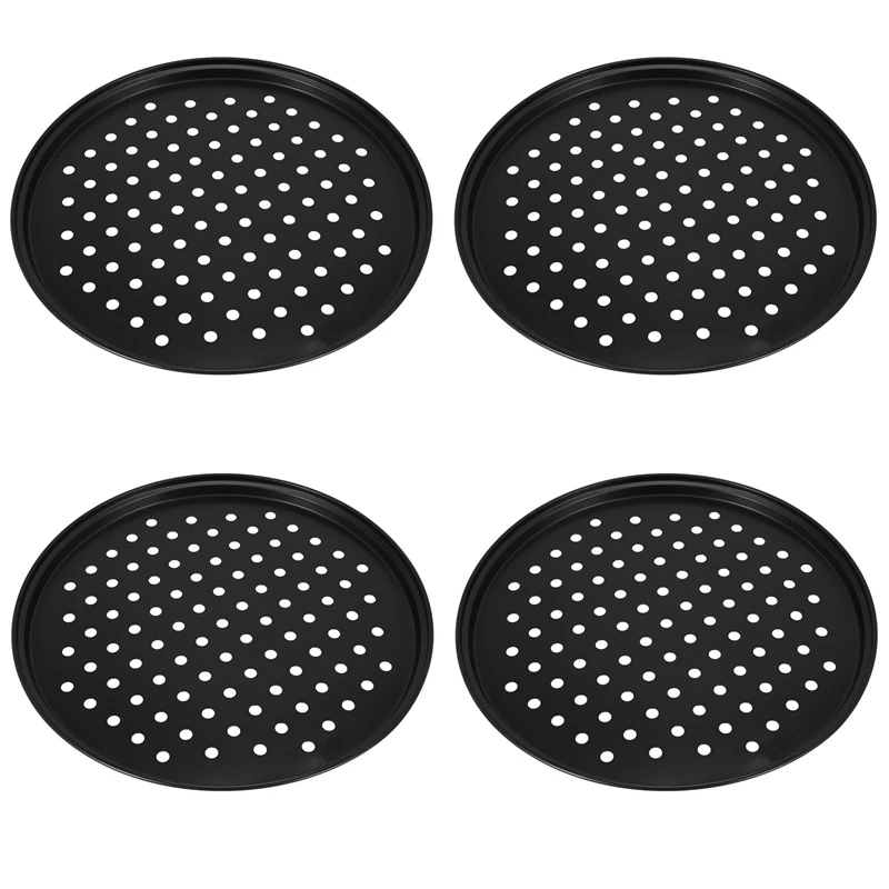 

4X 10 Inch Personal Perforated Pizza Pans Black Carbon Steel with Nonstick Coating Easy to Clean Pizza Baking Tray