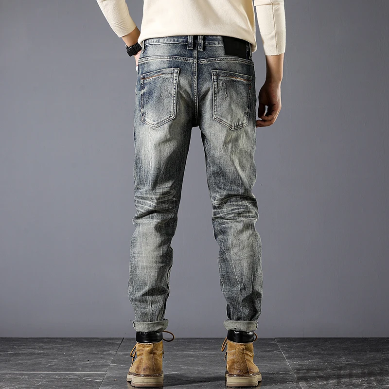 Мужские Стрейчевые джинсовые брюки облегающие для фитнеса в винтажном стиле