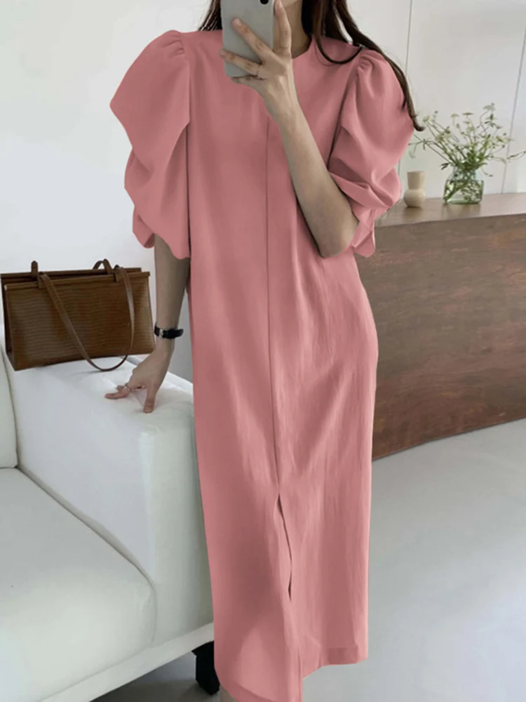 

VONDA Summer Puff Sleeve Midi Dress 2022 Elegant Women Loose Solid Color Dresses Fashion O Neck Baggy Shirt Vestidos Oversized