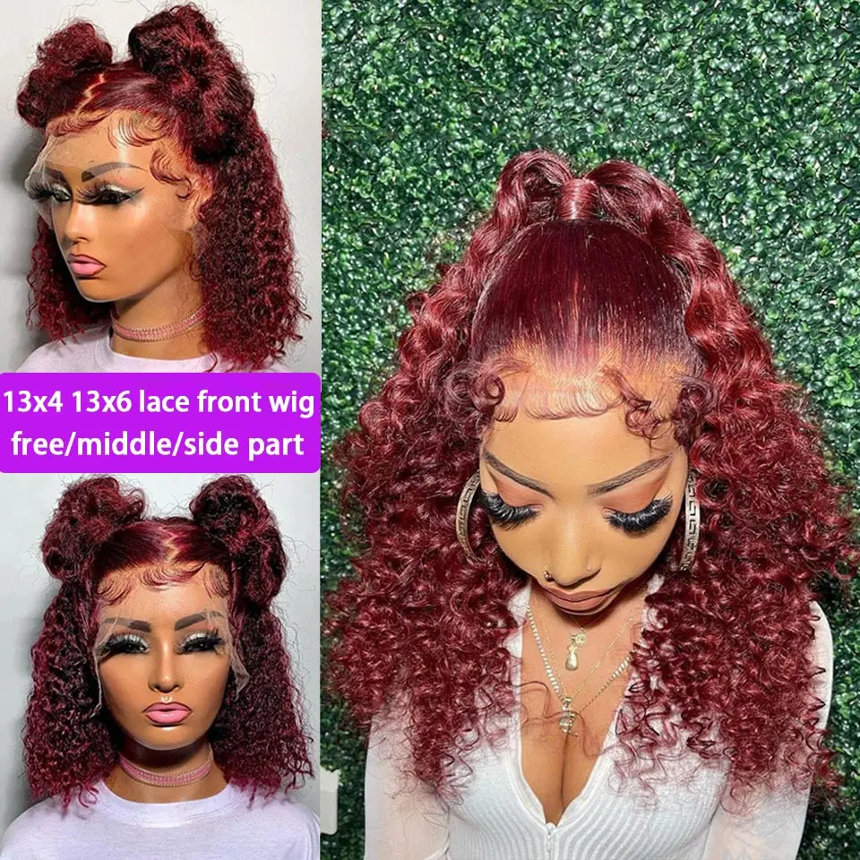 Burgundy 13x6 Lace Front Human Hair Wigs For Women Pre Plucked Brazilian Curly HD 99j Deep Water Wave 13x6 Frontal Wig