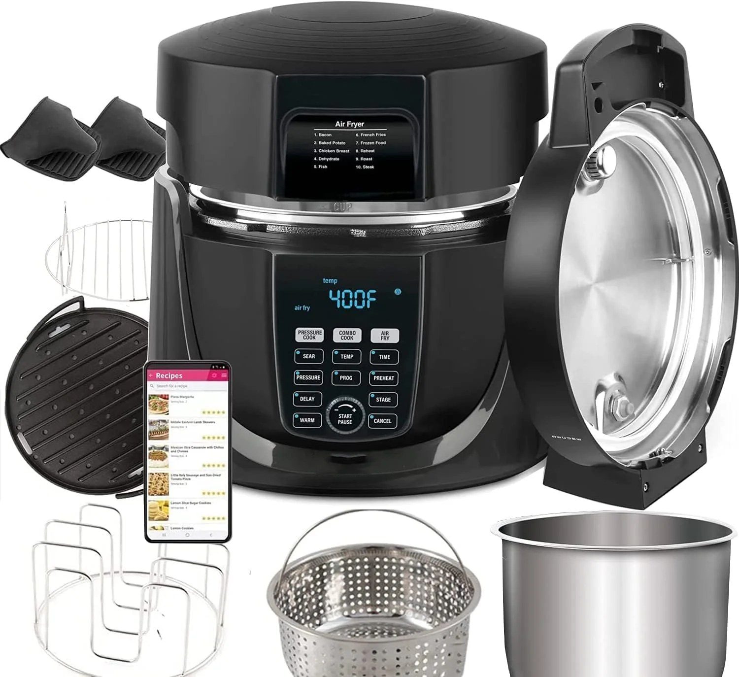 

Pressure Cooker, Air Fryer & Grill Combo Cooker with Removable Pressure and Air Fry Lids, 6qt Stainless Steel Pot, 4qt Stainless