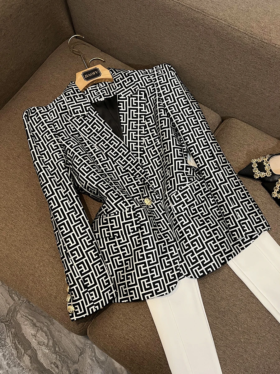 Trendy Slim Cut Shrug Shoulder Office Lady Coat Single Buttons Geometric Pattern Woman Long Sleeve Blazer
