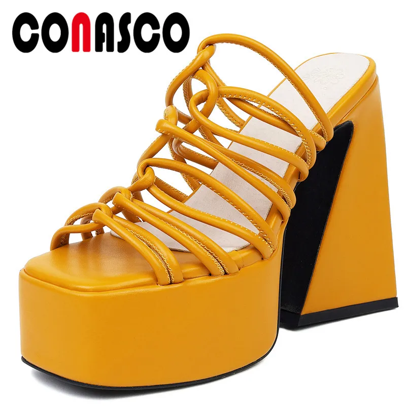 

CONASCO Summer Women Sandals Fashion Concise Thin Strap Thick High Heels Slippers High Platforms Party Casual Pumps Shoes Woman