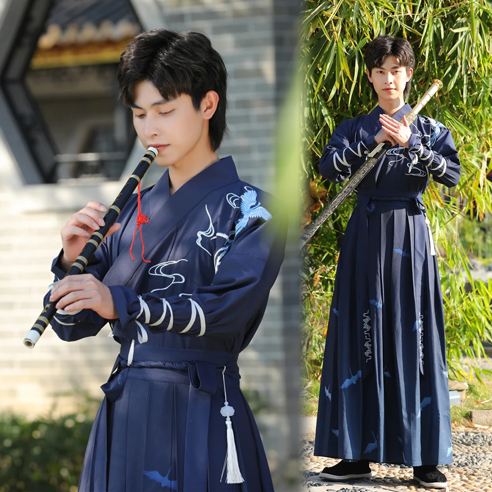 

China's men's wear blue hanfu cosplay clothing ancient Oriental big yards long sleeve courtier guards clothing qiu dong outfit