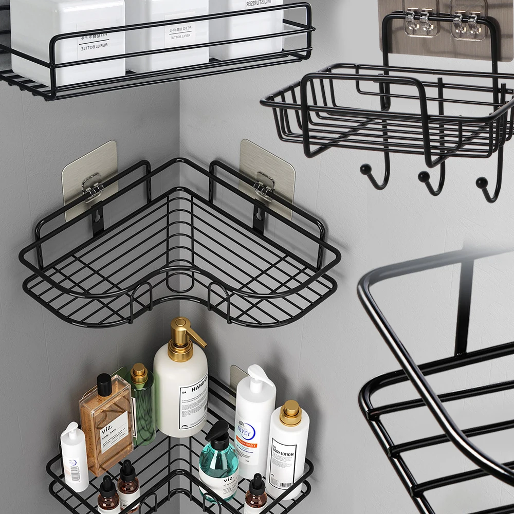 

Bathroom Kitchen Punch Corner Frame Shower Shelf Wrought Iron Shampoo Storage Rack Holder With Suction Cup Bathroom Accessories