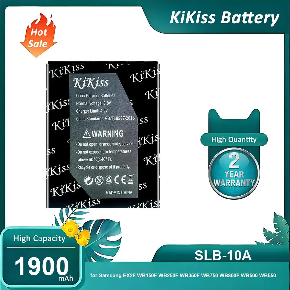 Фото Аккумулятор KiKiss для Samsung EX2F WB150F WB250F WB350F WB750 WB800F WB500 WB550, SLB-10A, 1900 мАч №1