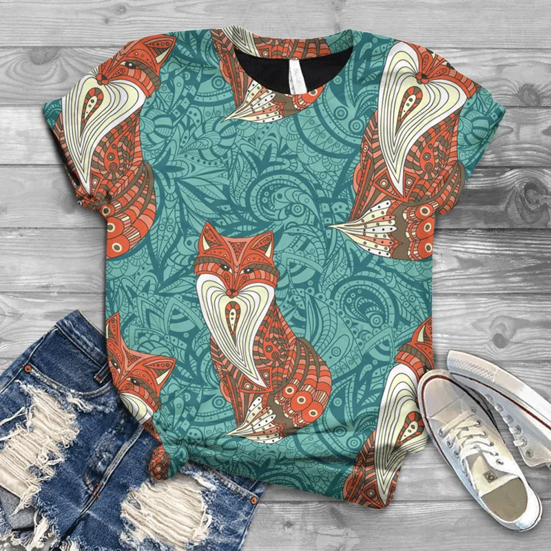 

New street style casual animal T-shirt Fox round collar short sleeves comfortable loose Harajuku boutique women's wear