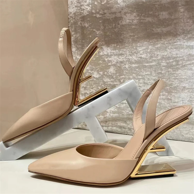 

Nude Letter Strange Heel Women Pumps Pointed Toe High Heels Slingback Wedding Dress Shoes Bride Gladiator Sandals Ladies Wedges