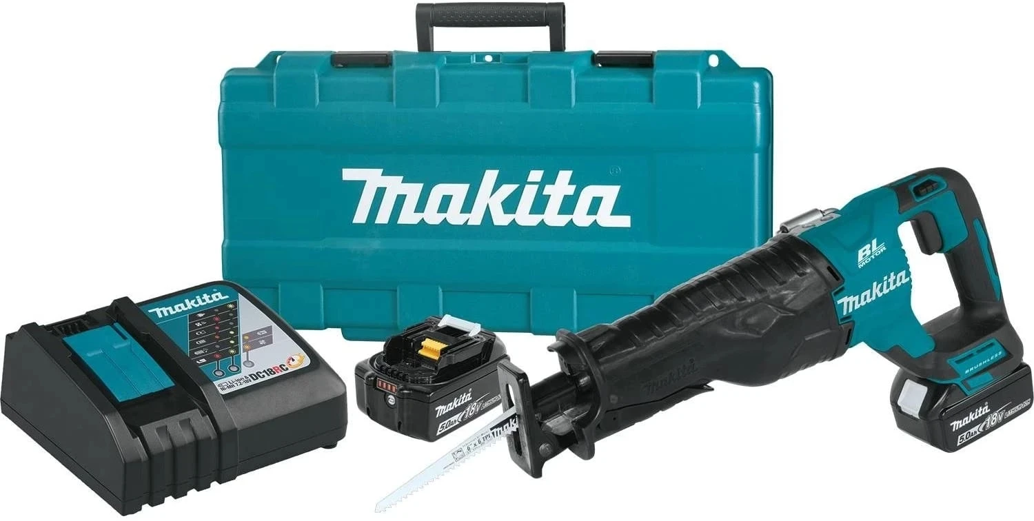 

2023 New Makita XRJ05T 18V LXT Lithium-Ion Brushless Cordless Recipro Saw Kit (5.0Ah) Metal wall plate