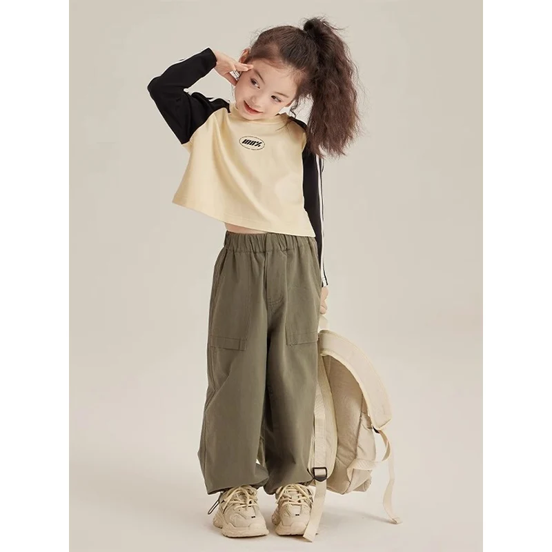 

Spring Autumn Pure Cotton Korean Girls Two Piece Set Harajuku All Match T-shirts and Pants Casual Contrasting Colors Kids Suit