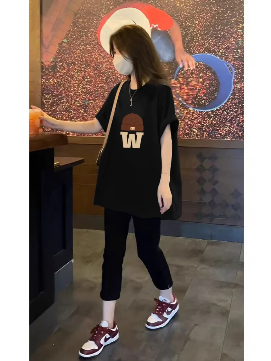 Летнее корейское платье-футболка с коротким рукавом юбка для полных стройнящее