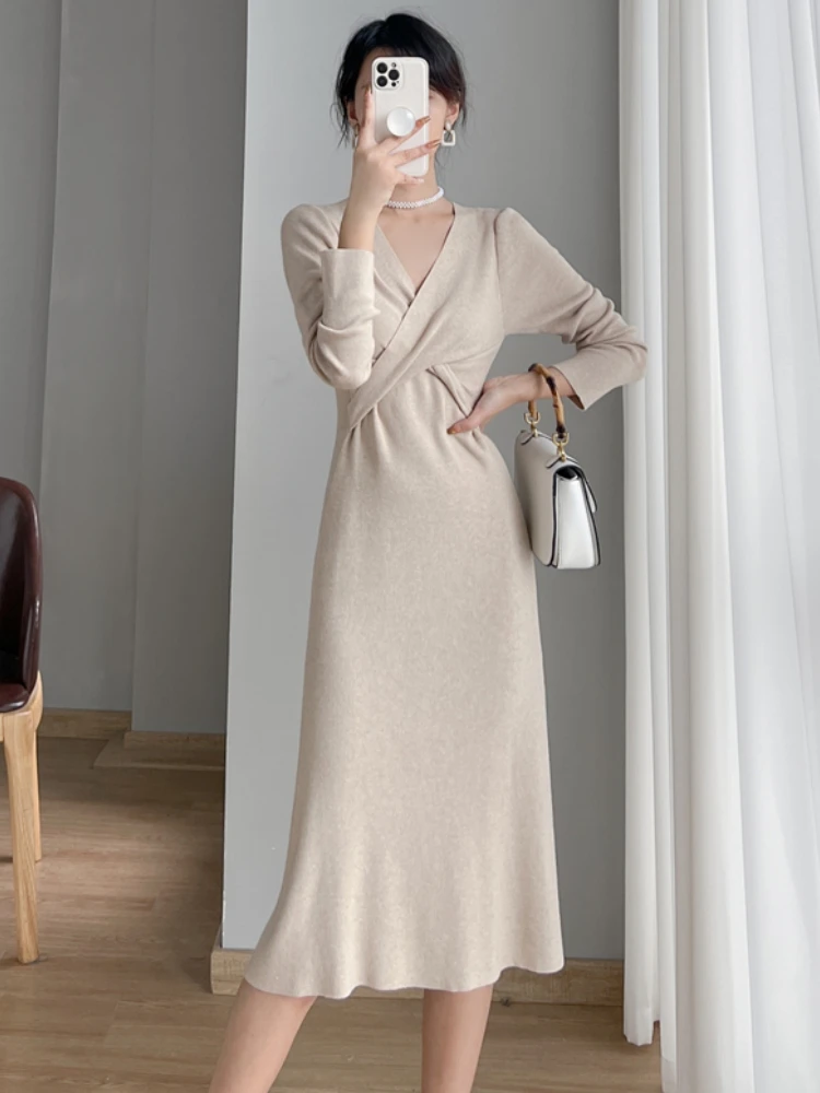 

Винтажное трикотажное платье-свитер с V-образным вырезом, женские элегантные облегающие платья с длинным рукавом для офиса и вечерние, женс...