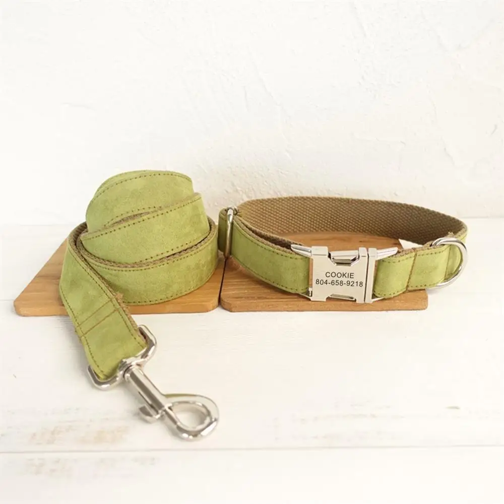 Personalized Pet Collar Customized Nameplate ID Tag Adjustable Soft Green Brown Suede Fabric Cat Dog Collars Lead Leash