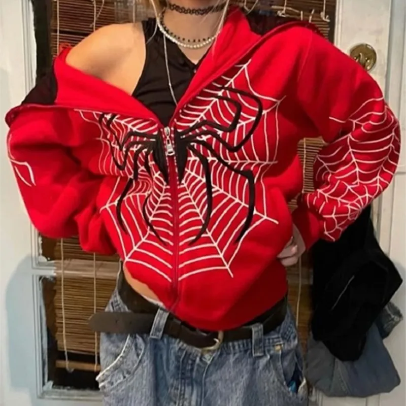 

Spider Web Hoodie Sweatshirt Zipper Anime Print Warm Harajuku Goth Punk Y2k Clothing Women Hiphop Sweatshirt Casual Loose Hoodie