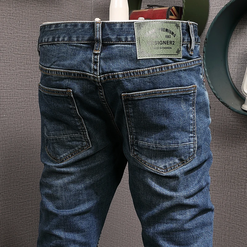 Fashion Streetwear Men Jeans Retro Blue Stretch Spliced Designer Biker Jeans Homme Hip Hop Pants Men Slim Vintage Punk Trousers