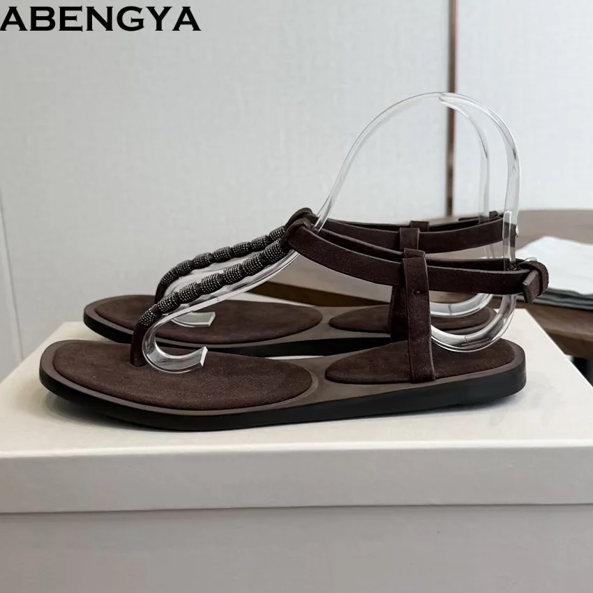 Фото Женские замшевые шлепанцы ABENGYA, плоские сандалии с бусинами, пляжная обувь для отпуска, повседневные туфли, сандалии для женщин №2