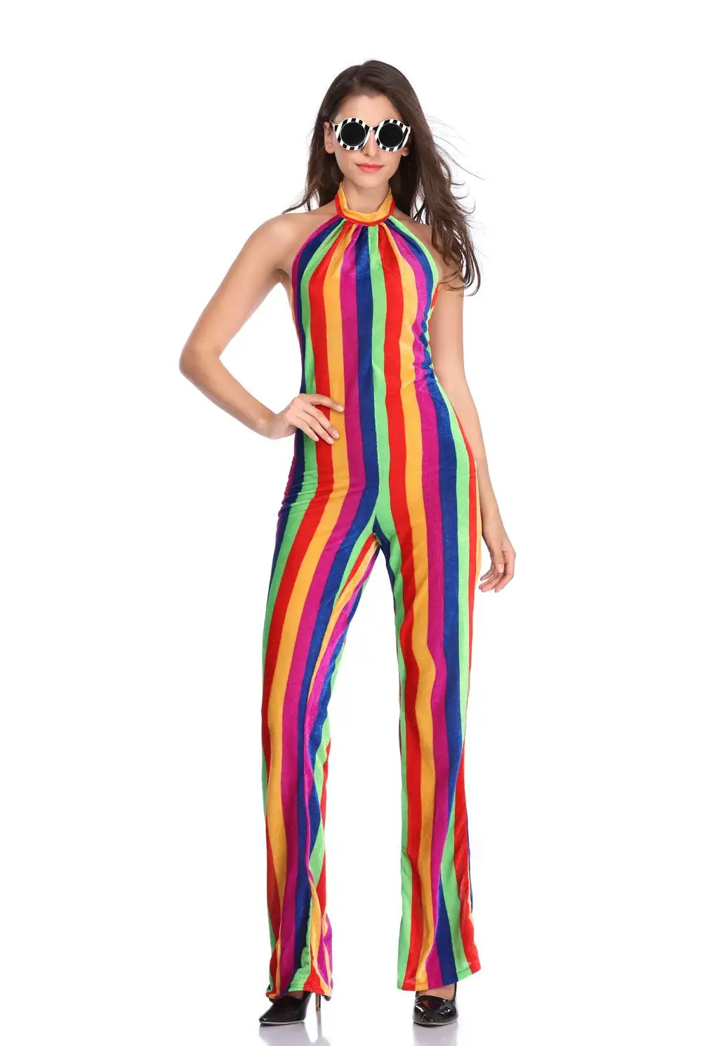 Женский пляжный комбинезон в радужную полоску с открытыми плечами открытой