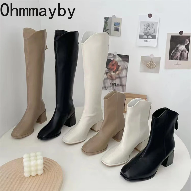

2022 New Winter Shoes Women Thigh High Long Boots Fashion Soft Leather Ladies Pumps Elegant Square Toe Knee-High Boots
