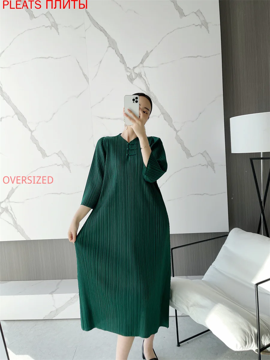 

Miyake Pleated Long Dress 2022 Spring New Women's Solid Color Simple Atmosphere Plate Buckle Cheongsam Upgrade Long Dress PLEATS