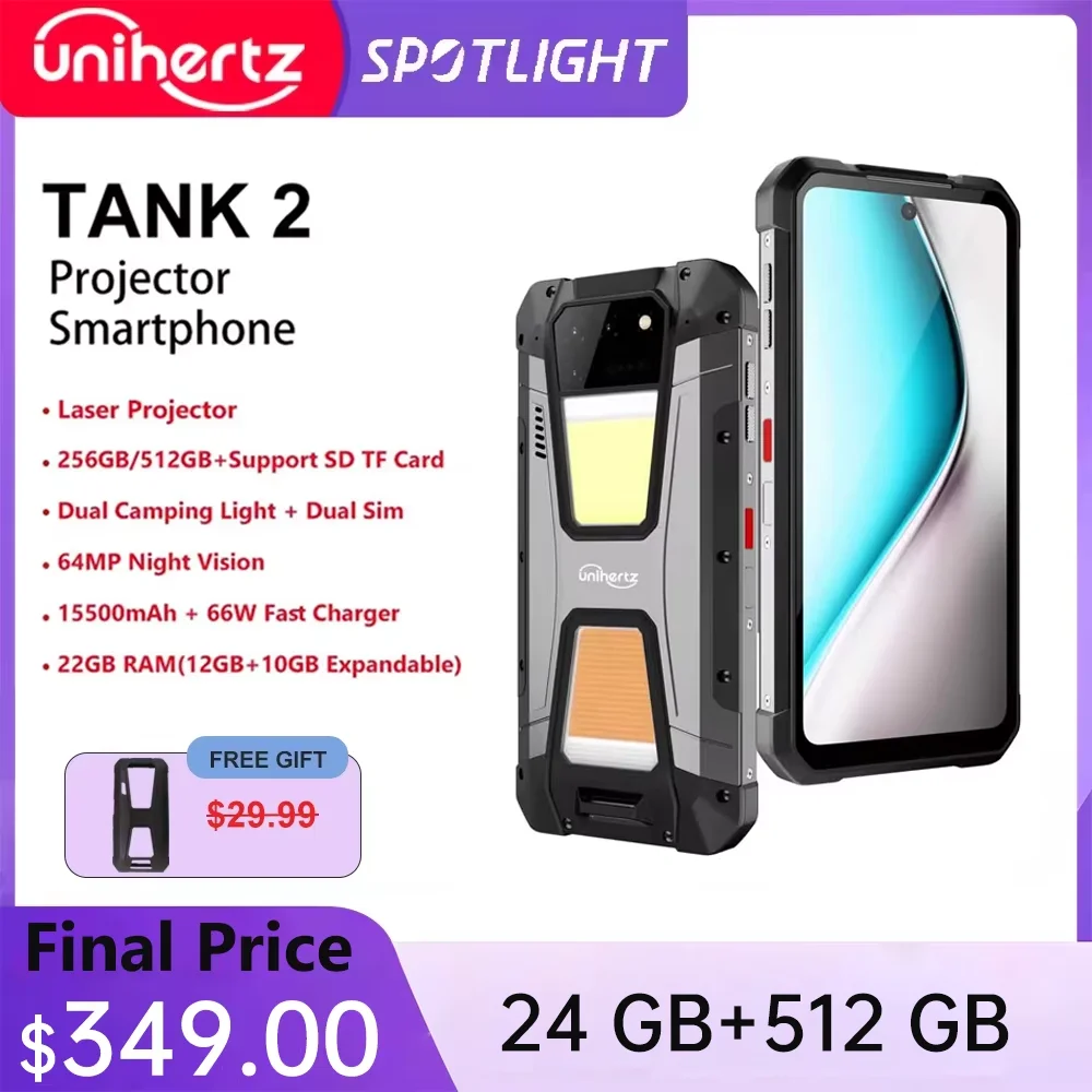 Фото Unihertz 8849 TANK 2 Projector Rugged Smartphone 22GB 256GB Camping Light Cellphones 108MP G99 64MP Night Vision Mobile Phones №1