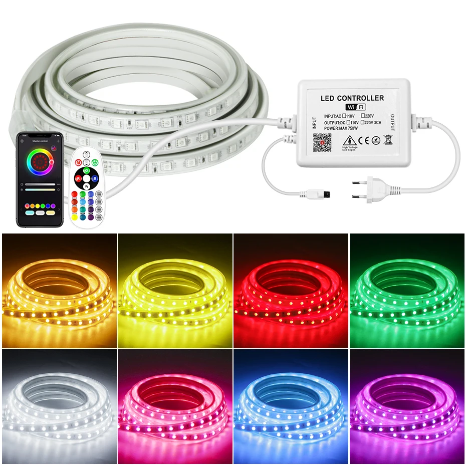 

Smart Life WiFi Waterproof 220V RGB Led Strip 5050SMD Soft Flex 1m-100m Christmas Ribbon Led Light Tape Outdoor Work With Alexa