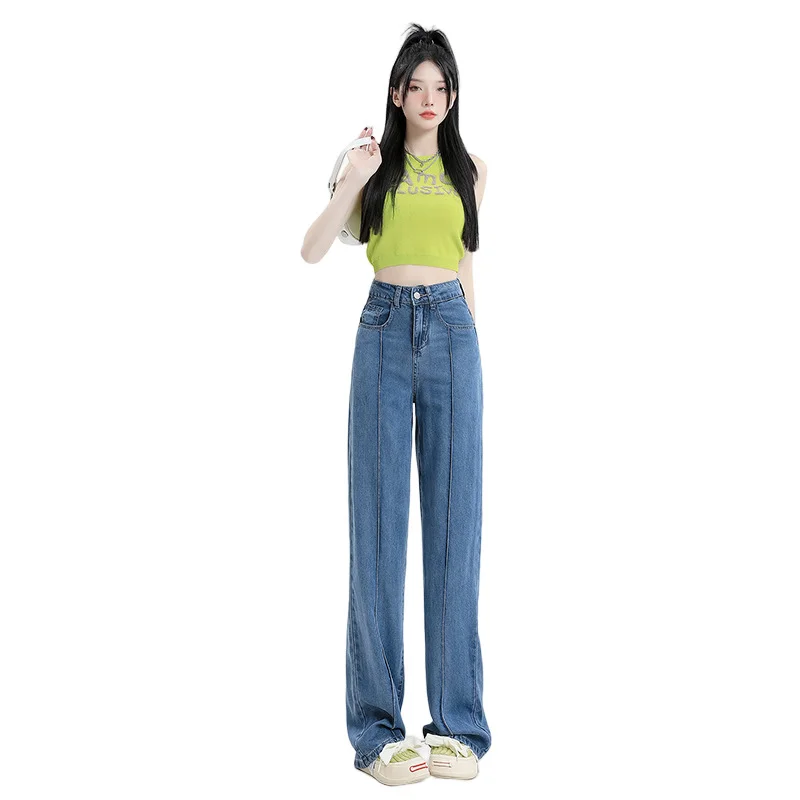 

Summer 2023 New Tencel Wide-leg Jeans Women's Panels Show Skinny, Loose Ice Silk High-waisted Straight-leg Mop Pants