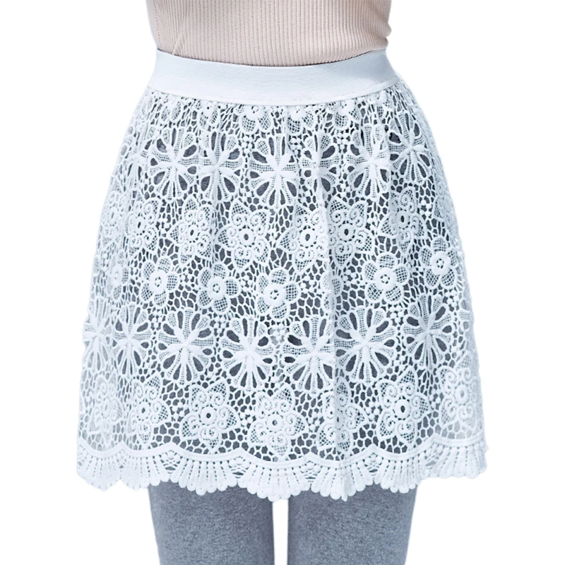 

Women Hollow Out Embroidery Floral Lace Shirt Extender Mini Underskirt Elastic High Waist Half Slip Skirt Extra Length Layering