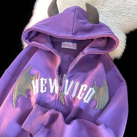 Y2K Autumn And Winter Zipper Imp Wings Cardigan Padded Sweater Women's Hoodie Cute Top Oversized Retro Jacket Sweatshirt