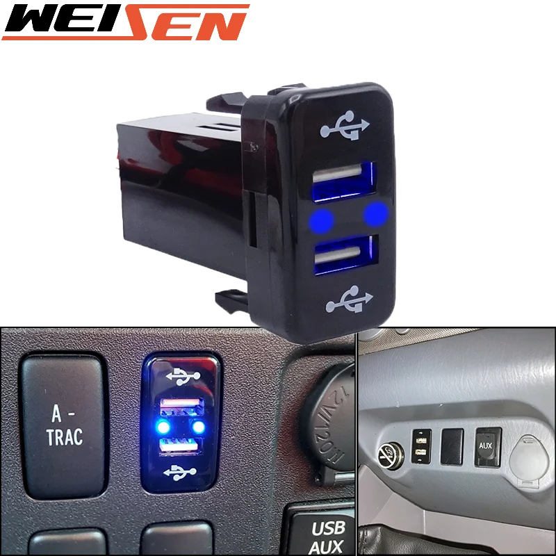 

For Toyota Tundra 4Runner Dual Blue USB Power Charger Switch Phone Charging Adapter Waterproof For FJ Land Cruiser Tacoma Hilux