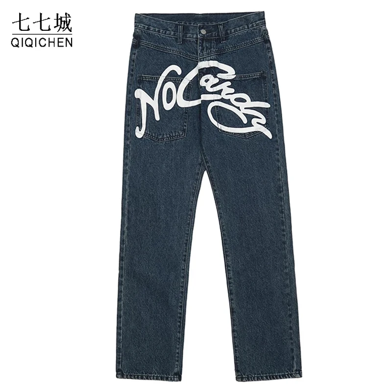 

Straight Jeans Pants for Men Letter Print Washed Harajuku Vibe Style Retro Denim Trousers High Street Loose Casual Pant Autumn