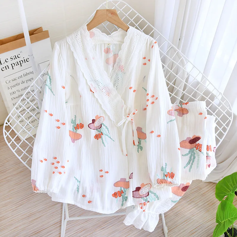 

Kimono Pajamas Set Cotton Crepe Confinement Clothing Nursing Autumn Thin Simple Casual Skin-friendly Prenatal Postnatal Clothes