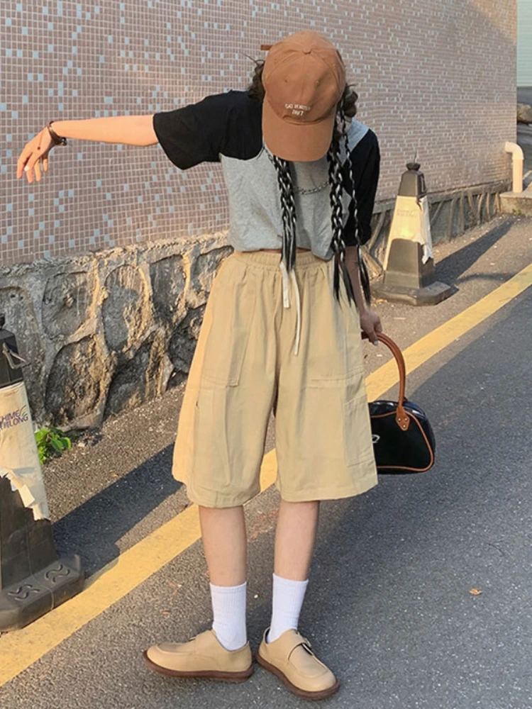 HOUZHOU Harajuku Korean Style Khaki Cargo Shorts Women Kpop Streetwear Hippie Oversized Black Wide Leg Short Pants Knee Length