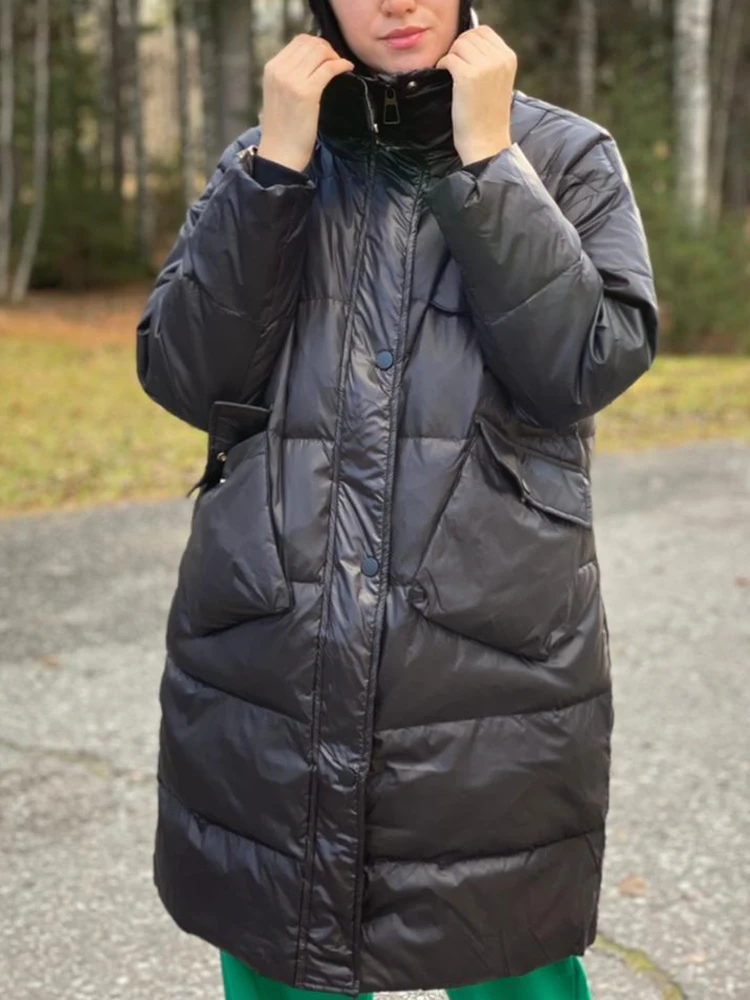 Winter Women Thick Warm White Down Long Jacket Casual Female Loose Fit Stand Collar Zipper Pocket Coat Snow Outwear 2022 New