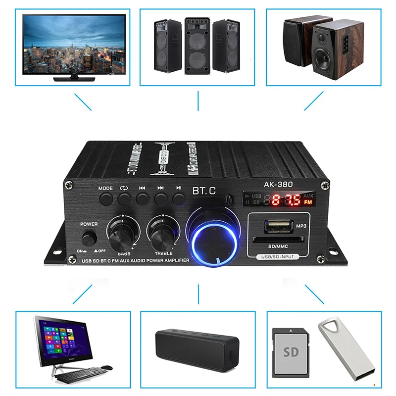 12 В 800 Вт Bluetooth HiFi усилитель мощности автомобильный двухканальный HIFI стерео аудио