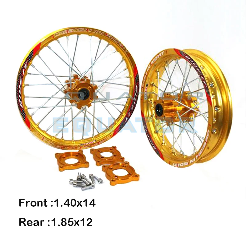 

Dirt Pit bike 15mm Front 1.40x14" Rear 1.85x12" Alloy Wheel Rim with CNC Hub For KAYO HR-160cc TY150CC 12 14 inch Gold wheel