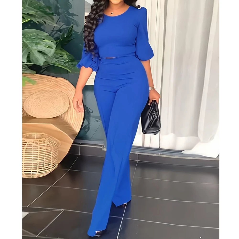 

Wepbel Office Lady Casual Trousers Women 2 Piece Sets Outfits Tops Summer Tshirts Top Solid Color Straight Pants Fashion Pants