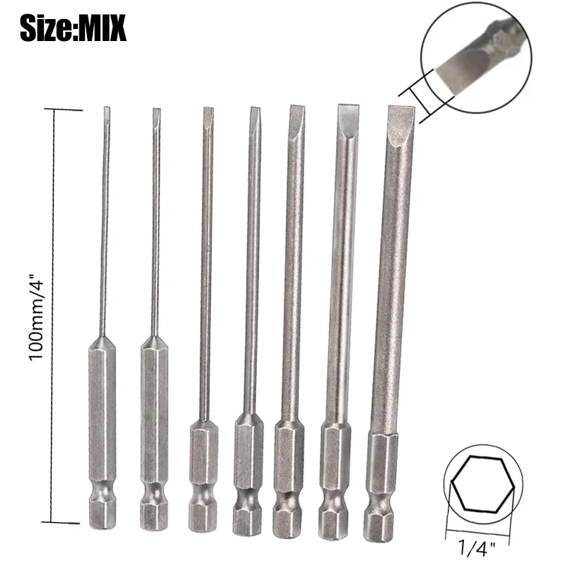 7/1 шт. 100 мм отвертка с плоской головкой S2, магнитные наконечники из легированной стали, отвертка с шестигранным хвостовиком, инструменты для электрической отвертки 2,0-6,0