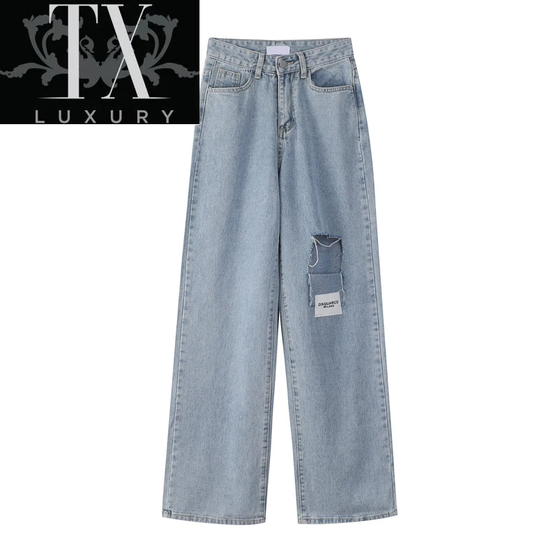 

Women Ripped Jeans Autumn Straighting Long Pants Blue High Waist Harajuku Loose Streetwear Denim Trouser Female