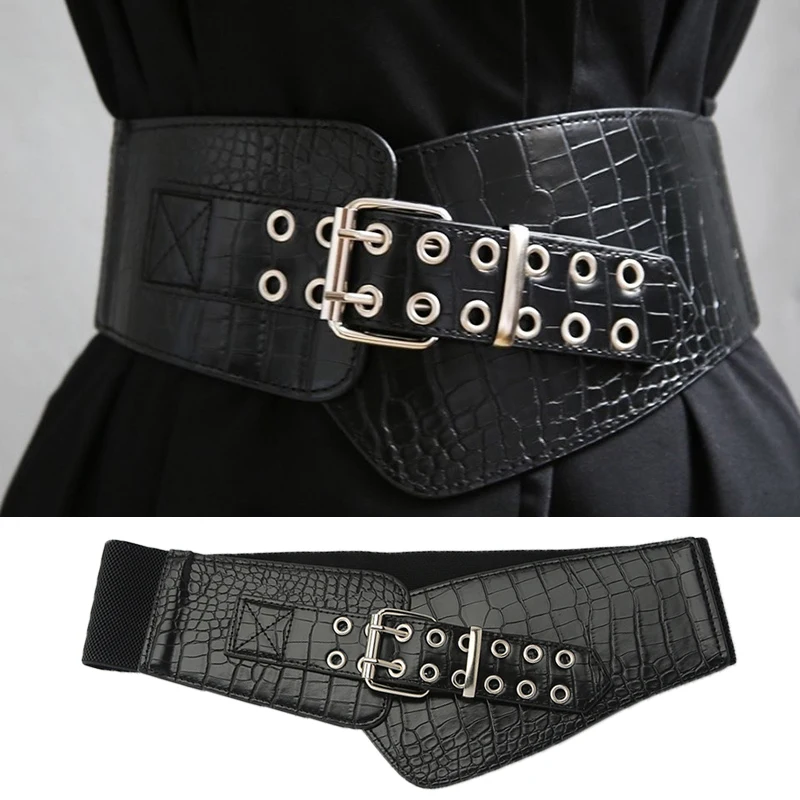 

Double Breasted Imitation Crocodile Leather Cummerbunds 80cm Female Black Waistband Dress Coat Corset Belt Decorative Waistband