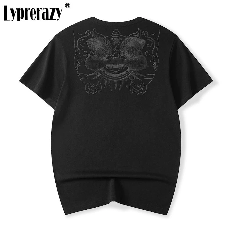 

Lyprerazy Summer National Tide Dance Lion Embroidery Short-sleeved T-shirt Men Loose Cotton Tees