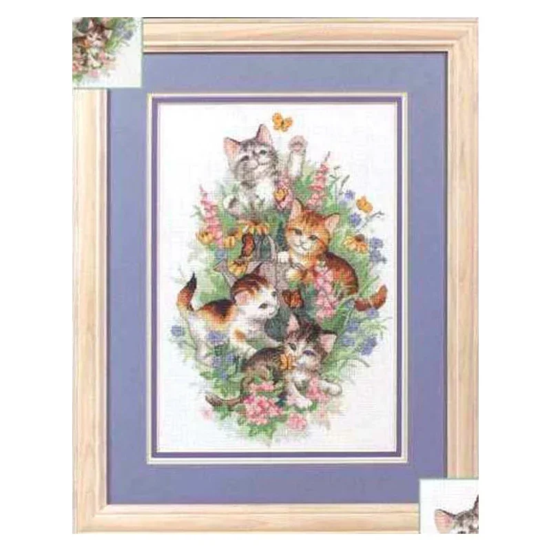 Фото Amishop, милый набор для вышивки счетным крестом, игривые котешки, четыре кота и цветы-бабочки, украшение для дома, Dim 35066 №1