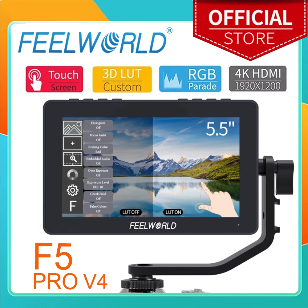 

FEELWORLD 6 Inch on DSLR Camera Field Monitor F5 Pro V4 Touch Screen 3D LUT FHD1920 1080 4K HDMI Video Focus Assist for Gimbal