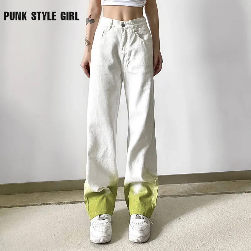 

Прямые джинсы Y2k с градиентом, женские джинсовые брюки с завышенной талией в Корейском стиле, мешковатые брюки, гранж, винтажные сказочные ж...
