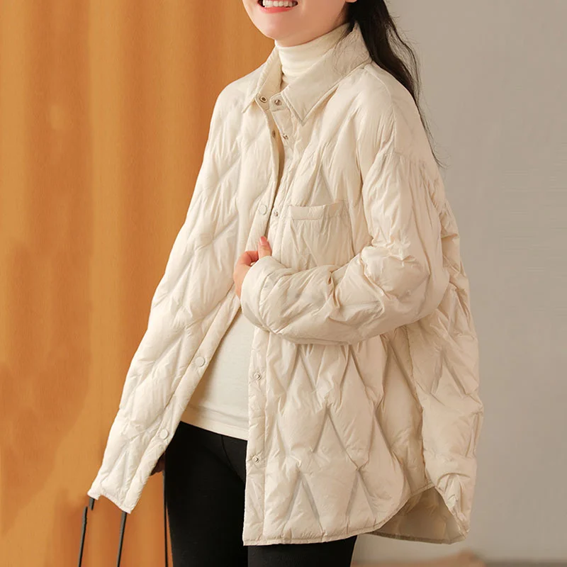 

Light and light white duck down shirt down jacket women's diamond lattice loose casual thin autumn winter coat
