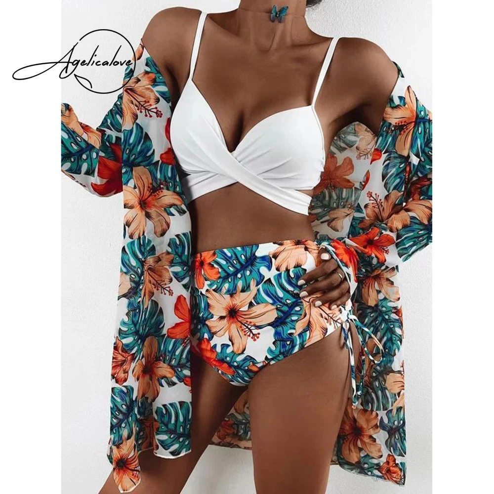 

AGELICALOVE Sexy Three Pieces Bikini Set Cover Up Swimwear Women Swimsuit Print Long Sleeve Bathing Suit Beachwear Swim Biquini