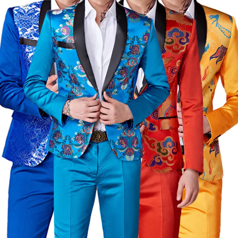 

Новинка 2023, модный мужской повседневный деловой костюм с цветочным принтом, пиджак и брюки, комплект из 2 предметов, мужские яркие приталенные блейзеры, куртка и брюки