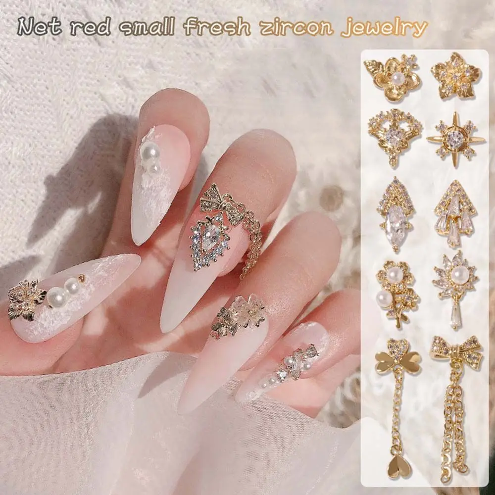 

2022 New Zircon Nail Art Jewelry Flower Bow Pearl Luxury Pendant Chain Spring Net Red Flower Diamond Nail Accessories Nail Art