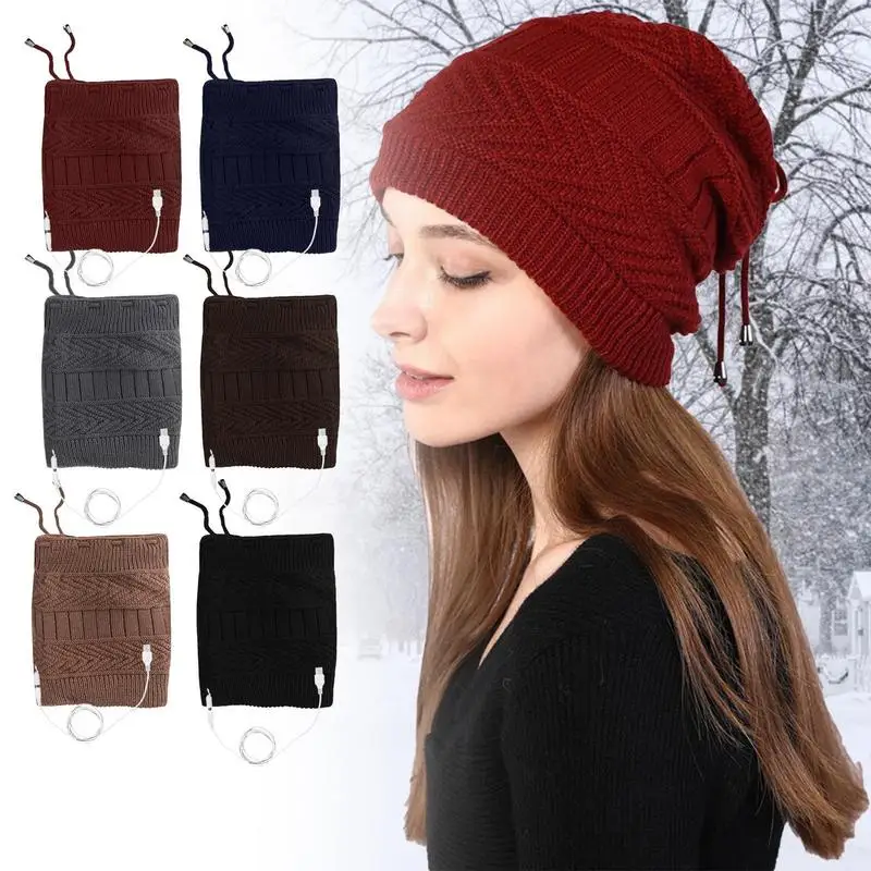 

Heated Hat Women 2 In 1 Winter Heat Cap Neck Warmer Rechargeable Warm Scarf Knit Hat Heated Hat Scarf With 2 Uses For Skiing