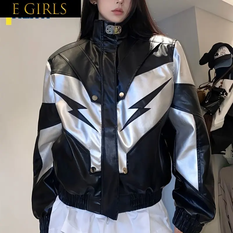 

E GIRLS jacket bomber black varsity new outerwear leather Jackets lightning American y2k racing oversize baseball Jacket